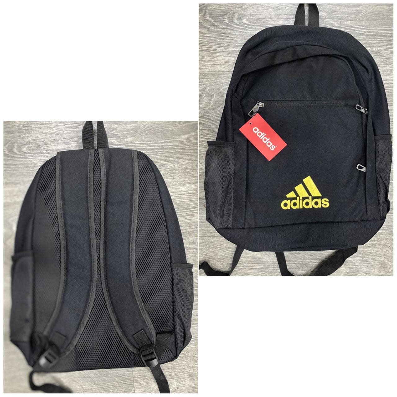 Morral Adidas negro con logo bordado amarillo al por mayor Colombia 2026: frente con bordado de relieve y espaldar mesh acolchado desde $65.000 COP mayorista — Kikluxe Triple AAA con dropshipping a Bogotá, Medellín, Cali y Barranquilla